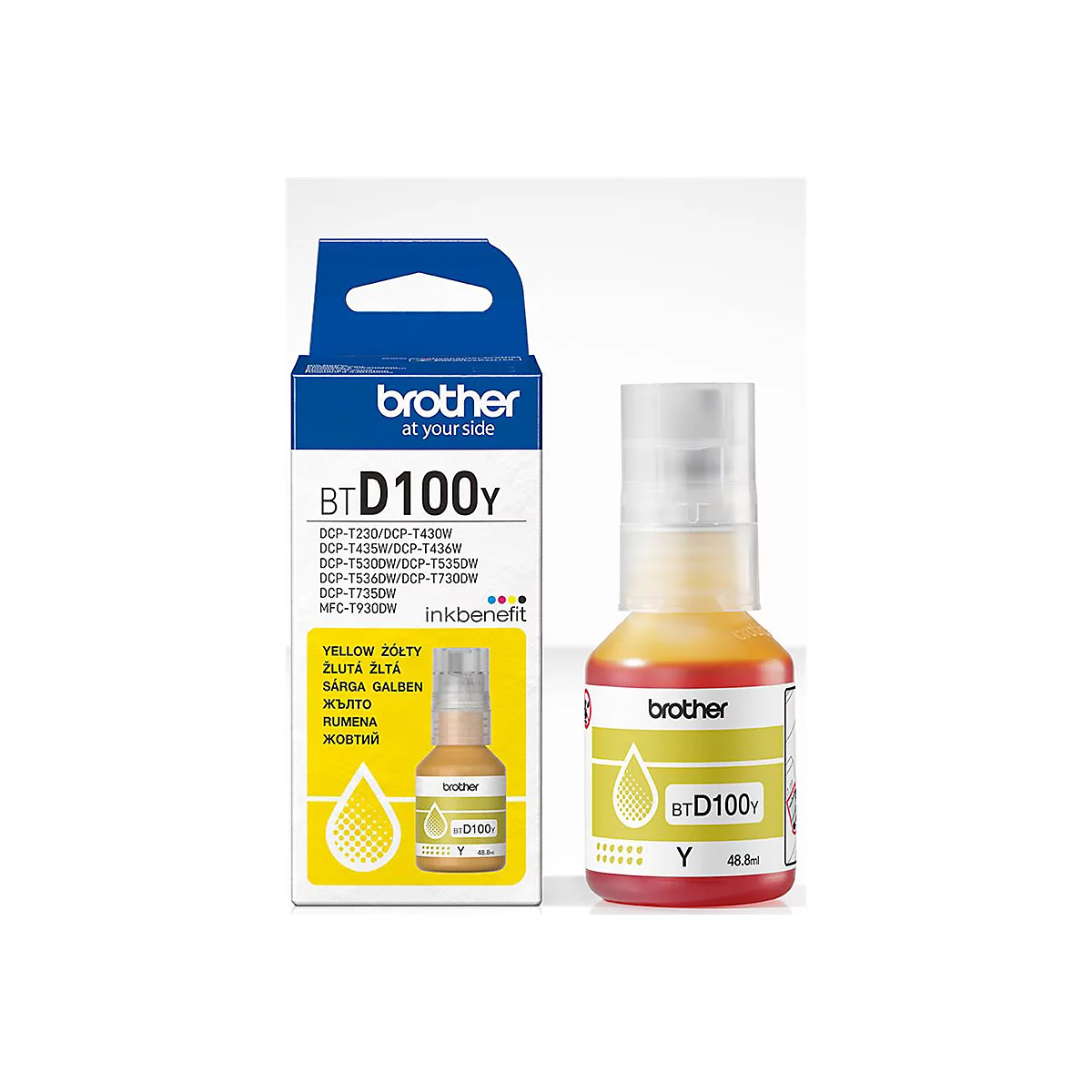 Gelbe Brother BTD100Y Nachfülltinte in Flasche mit dazugehöriger Produktverpackung auf weißem Hintergrund.