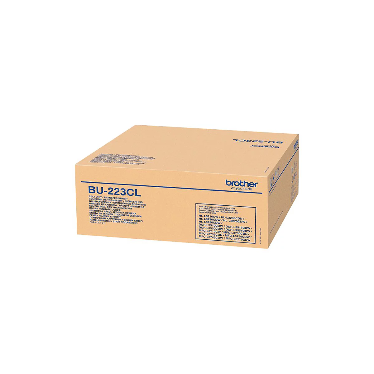 Braune Kartonverpackung mit der Aufschrift BU-223CL von Brother. Aufgedruckte Produktnamen und Kompatibilitäten in mehreren Sprachen.