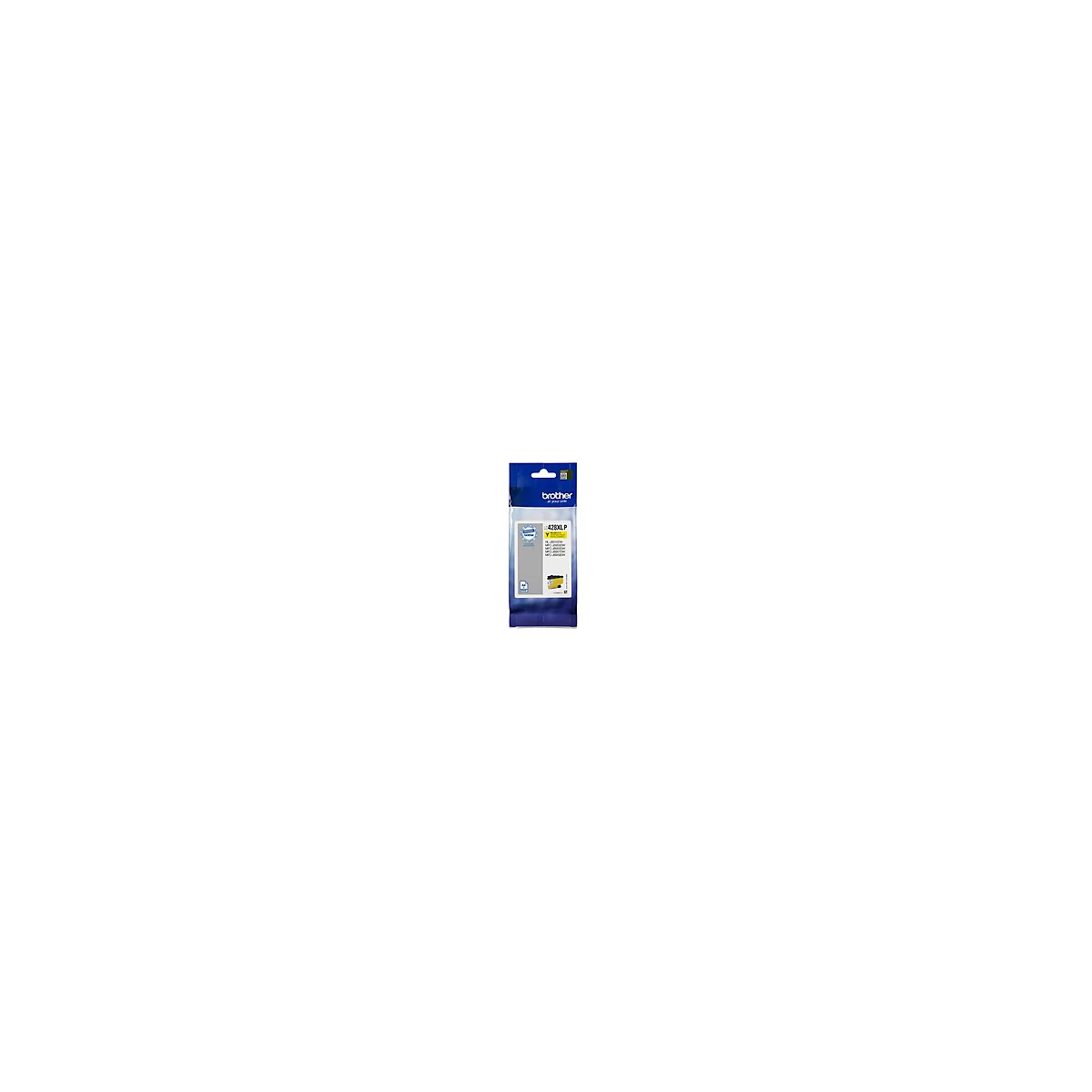 Gelbe Brother Tintenpatrone LD428XL P in Verpackung mit Produktinformationen.