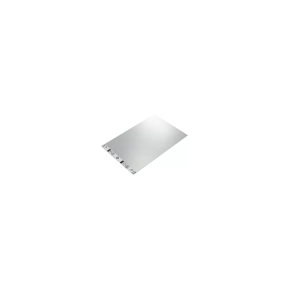 Rechteckige LED-Leuchte, die schräg von oben aufgenommen wurde. An der schmalen Seite befinden sich Aufdrucke und Symbole.