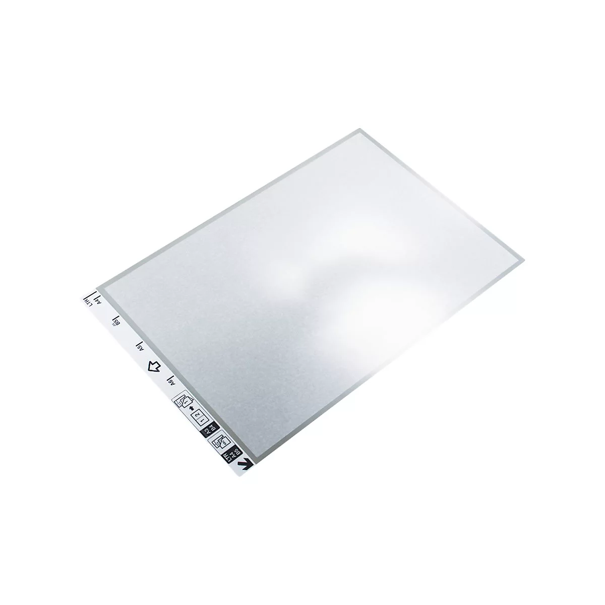 Rechteckige transparente Folie, grauer Rahmen, Details, Schriftzeichen.