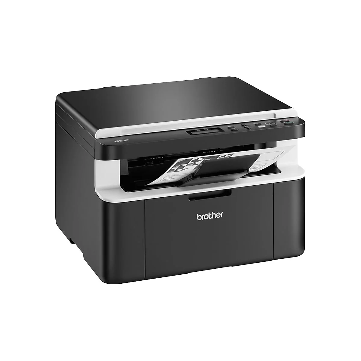 Schwarzer Brother-Laserdrucker mit Papierauswurf. Oberseite und Gehäuse sind schwarz, die Papierausgabe weiß. Brother-Logo unten.