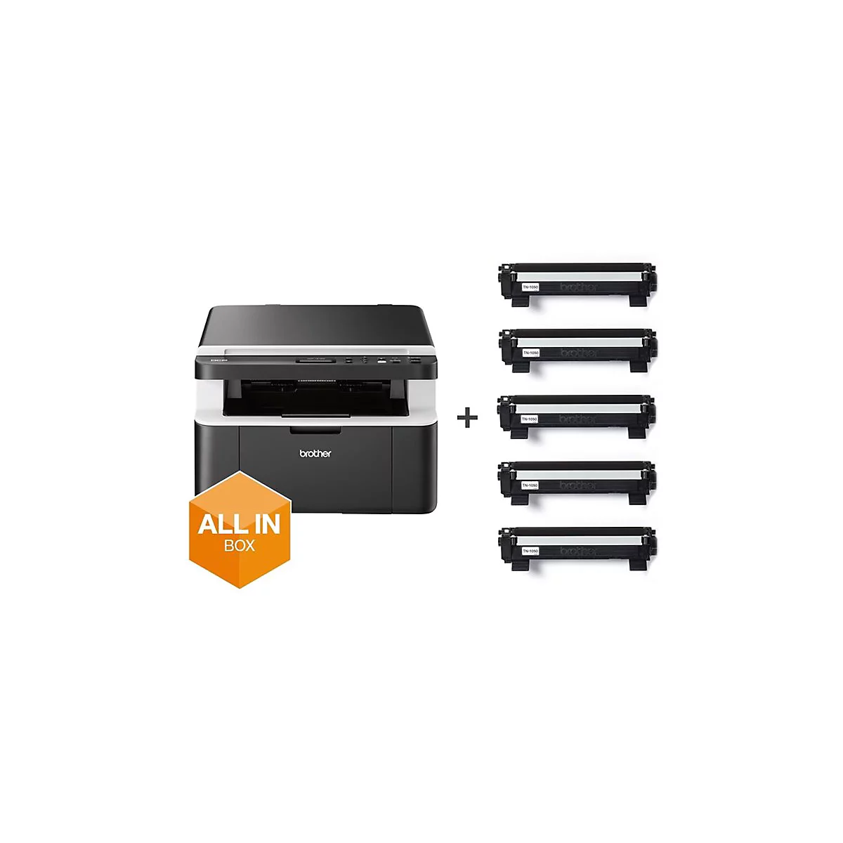 Schwarz-weißer Drucker und mehrere Toner-Kartuschen auf weißem Hintergrund. Das Bild zeigt 'ALL IN BOX'.