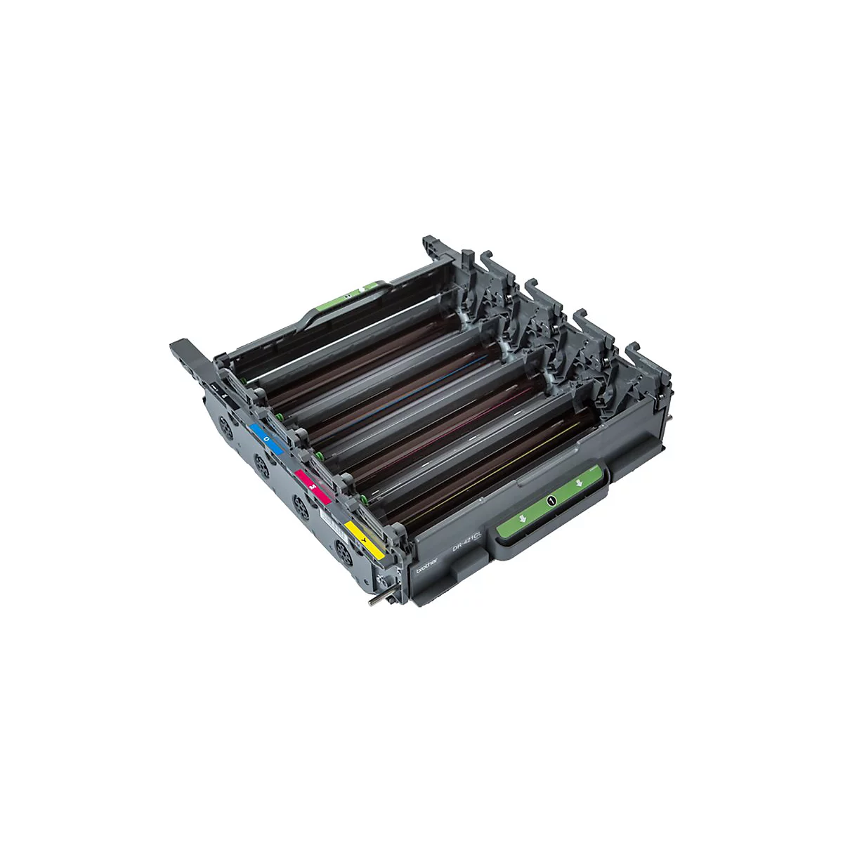 Vue détaillée d'une unité de tambour Brother DR-421CL. Cadre noir avec des marquages de couleur pour le cyan, le magenta, le jaune et le vert.