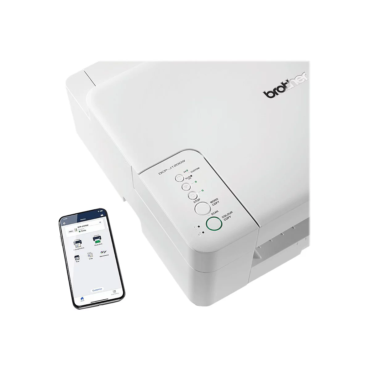 Imprimante blanche Brother DCP-J1200W avec panneau de commande et application smartphone.