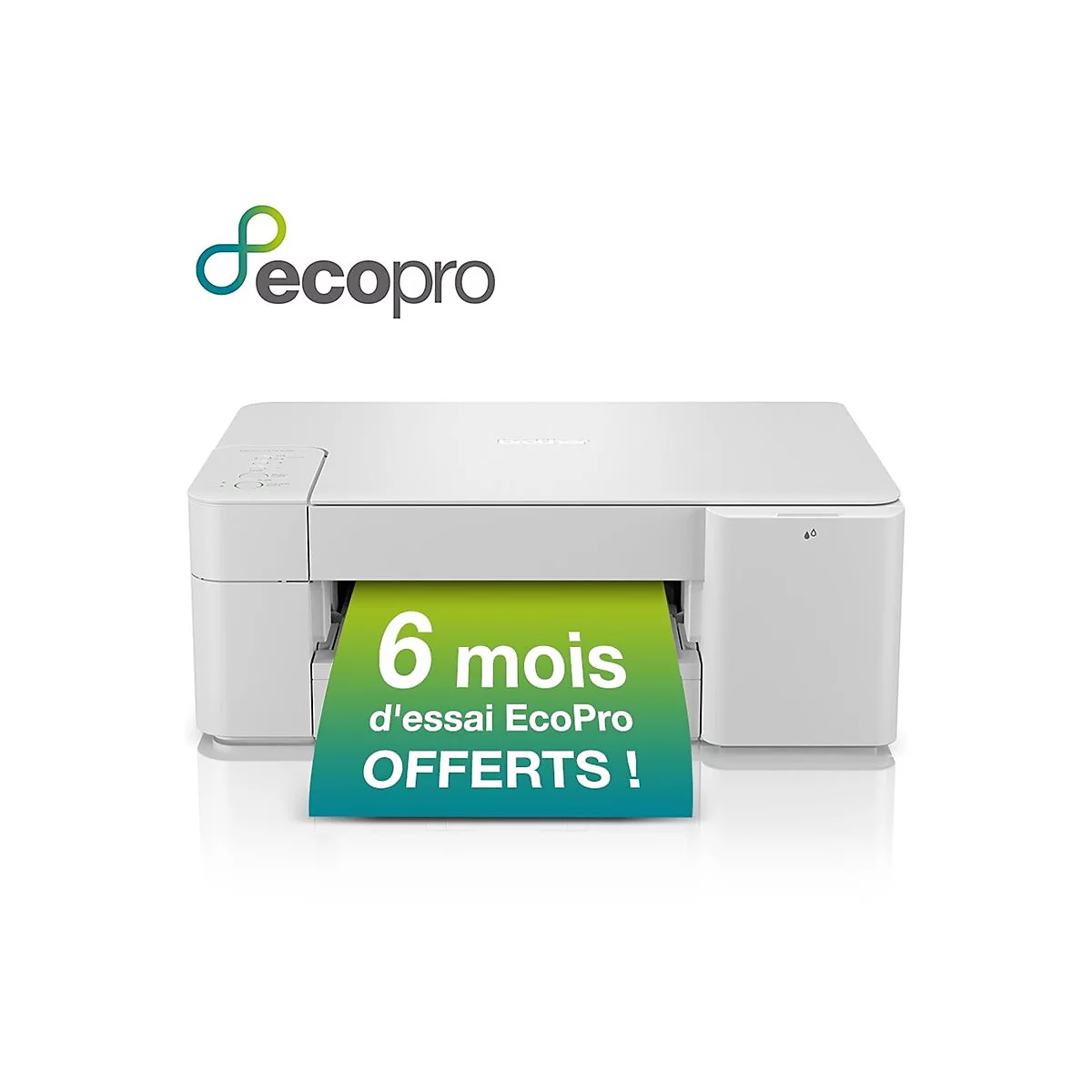 Weißer Drucker mit grünem Papier, Aufdruck: 6 Monate d'essai EcoPro OFFERTS!