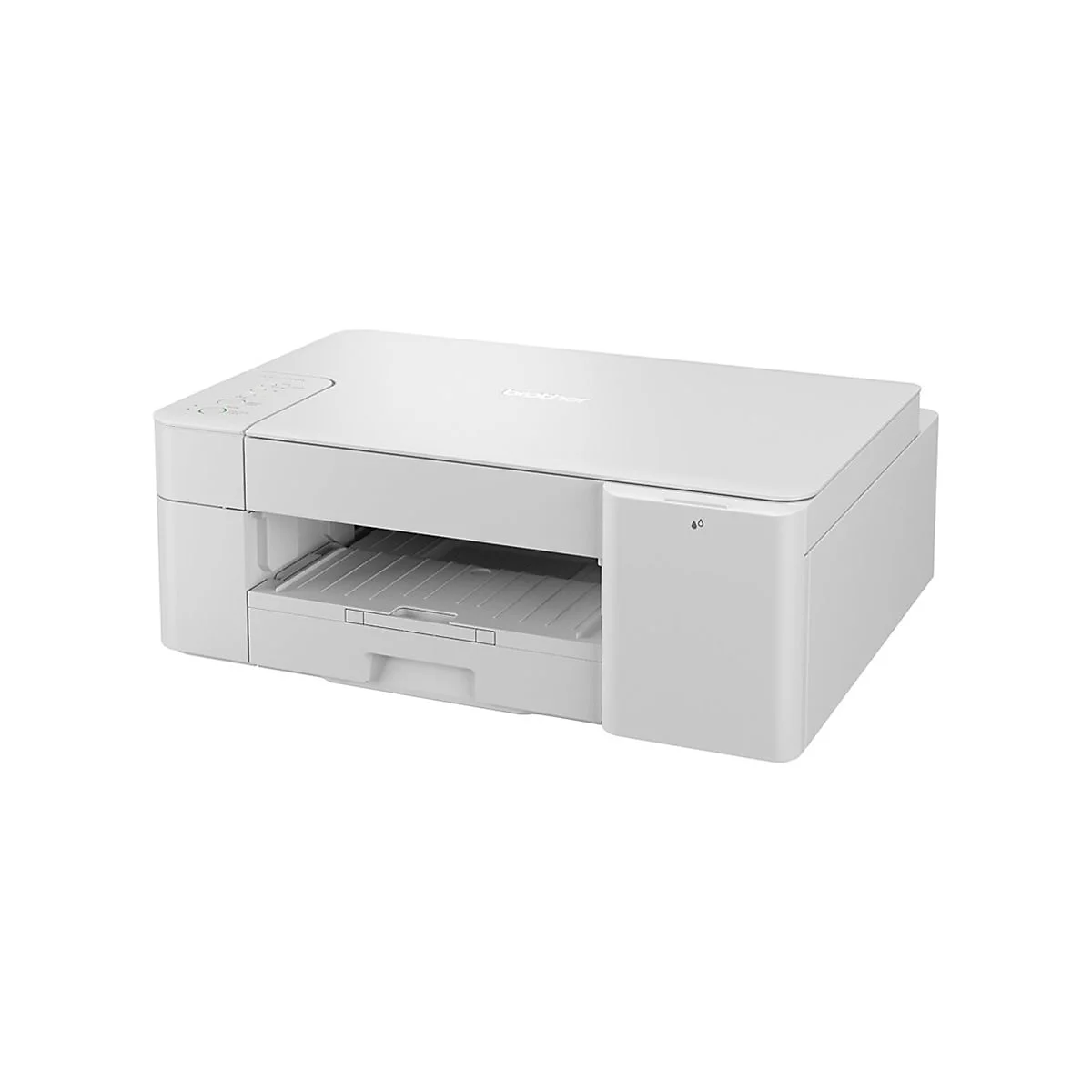 Ein weißer Drucker von Brother auf weißem Grund. Das Papierfach ist ausgezogen.