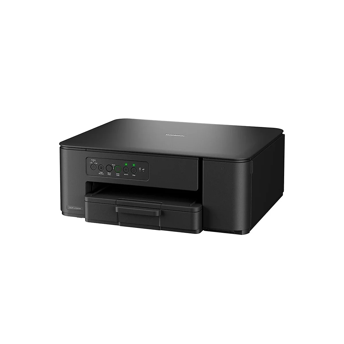 Schwarzer Brother-Multifunktionsdrucker in Frontalansicht vor weißem Hintergrund.