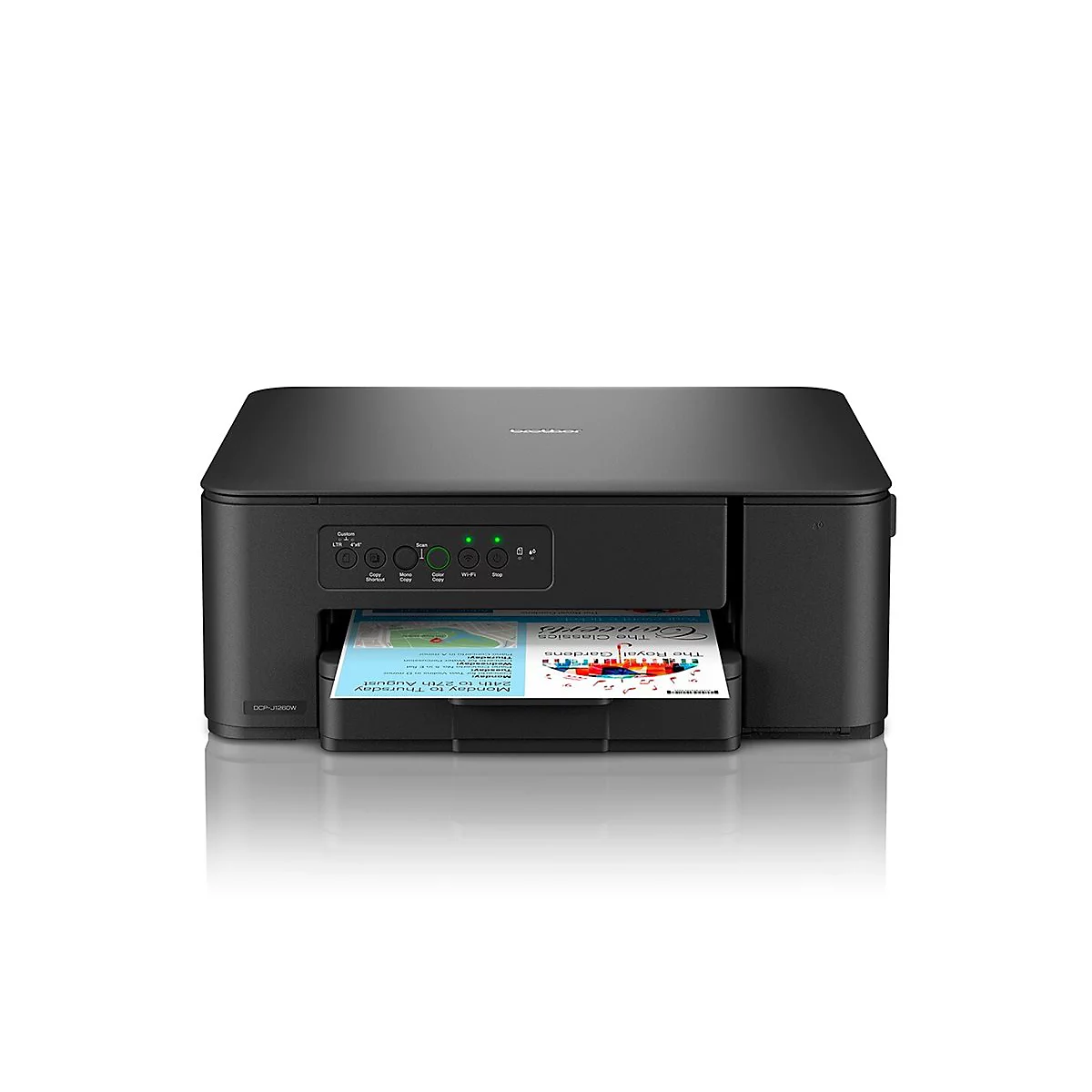 Schwarzer Brother Multifunktionsdrucker DCP-J1260W vor neutralem Hintergrund mit eingelegtem Papier.