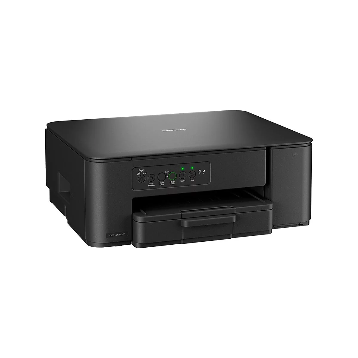 Schwarzer Drucker mit Bedienfeld und grün leuchtenden LEDs, Papierzufuhr vorne.