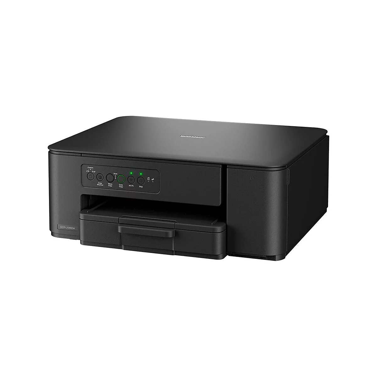 Schwarzer Drucker auf weißem Hintergrund. Tasten mit Aufschriften wie "Copy" und "Wi-Fi" sind sichtbar.