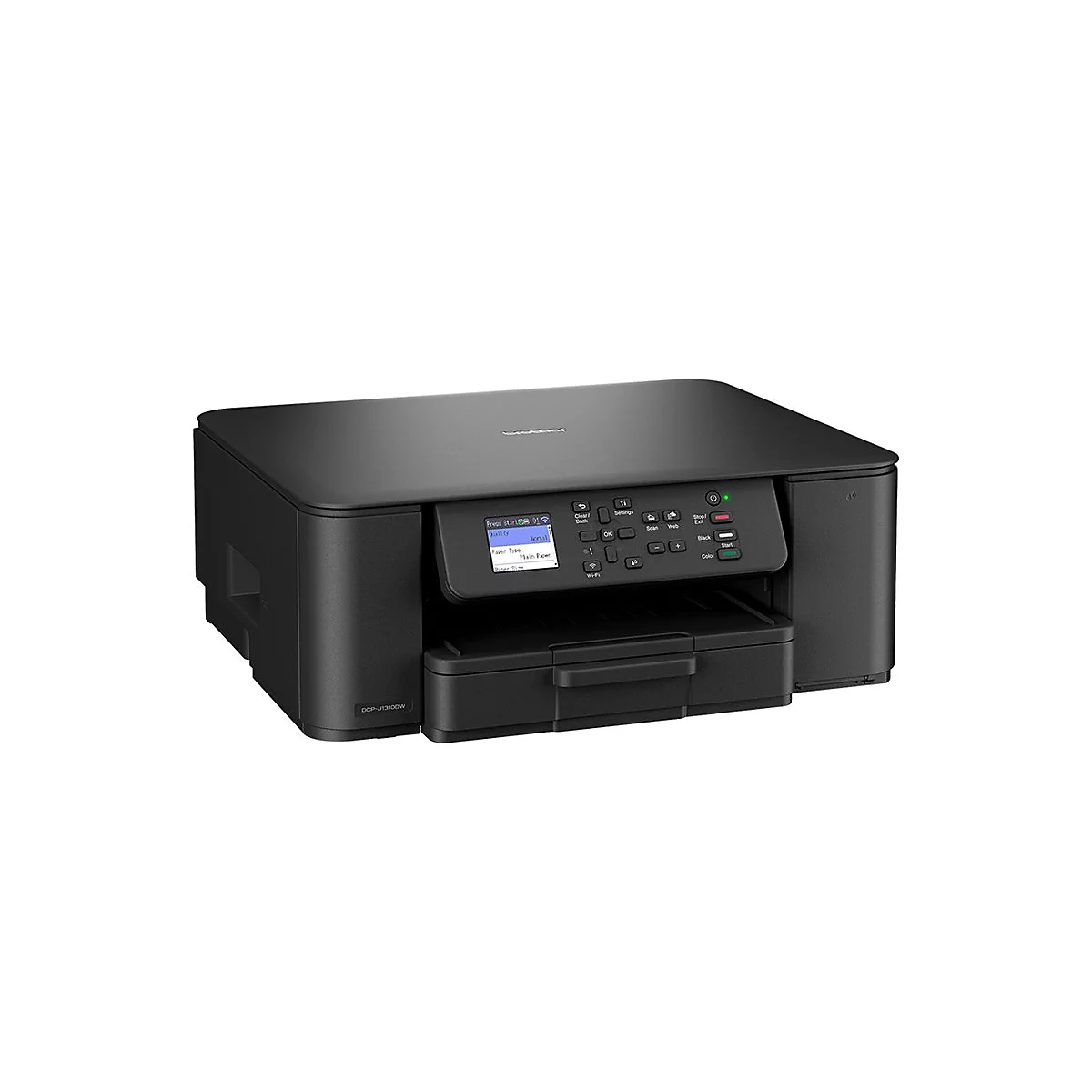 Schwarzer Brother Multifunktionsdrucker vor weißem Hintergrund mit Display und Tastenfeld.