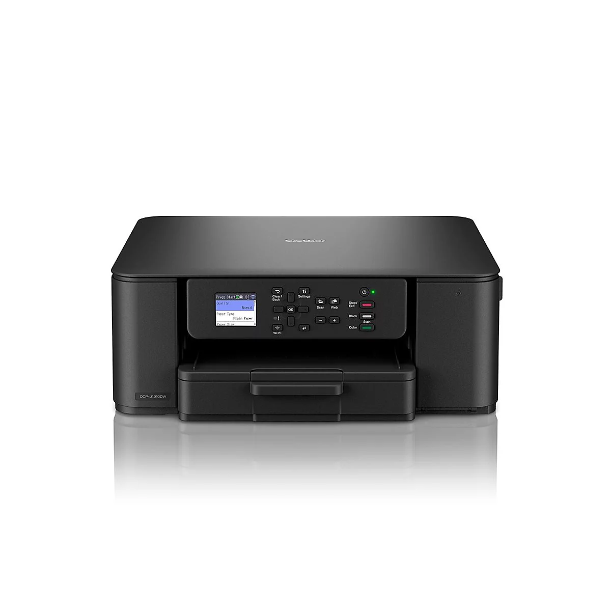 Schwarzer Brother Multifunktionsdrucker in Frontalansicht vor neutralem, weißem Hintergrund.