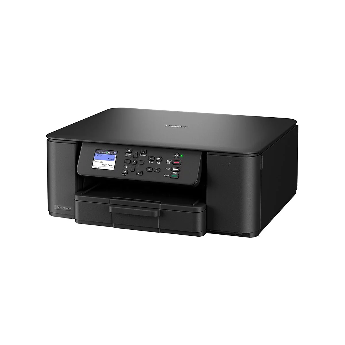 Schwarzer Drucker mit Display und Bedienfeld, vor weißem Hintergrund. Produktname: Brother DCP-J3100W.