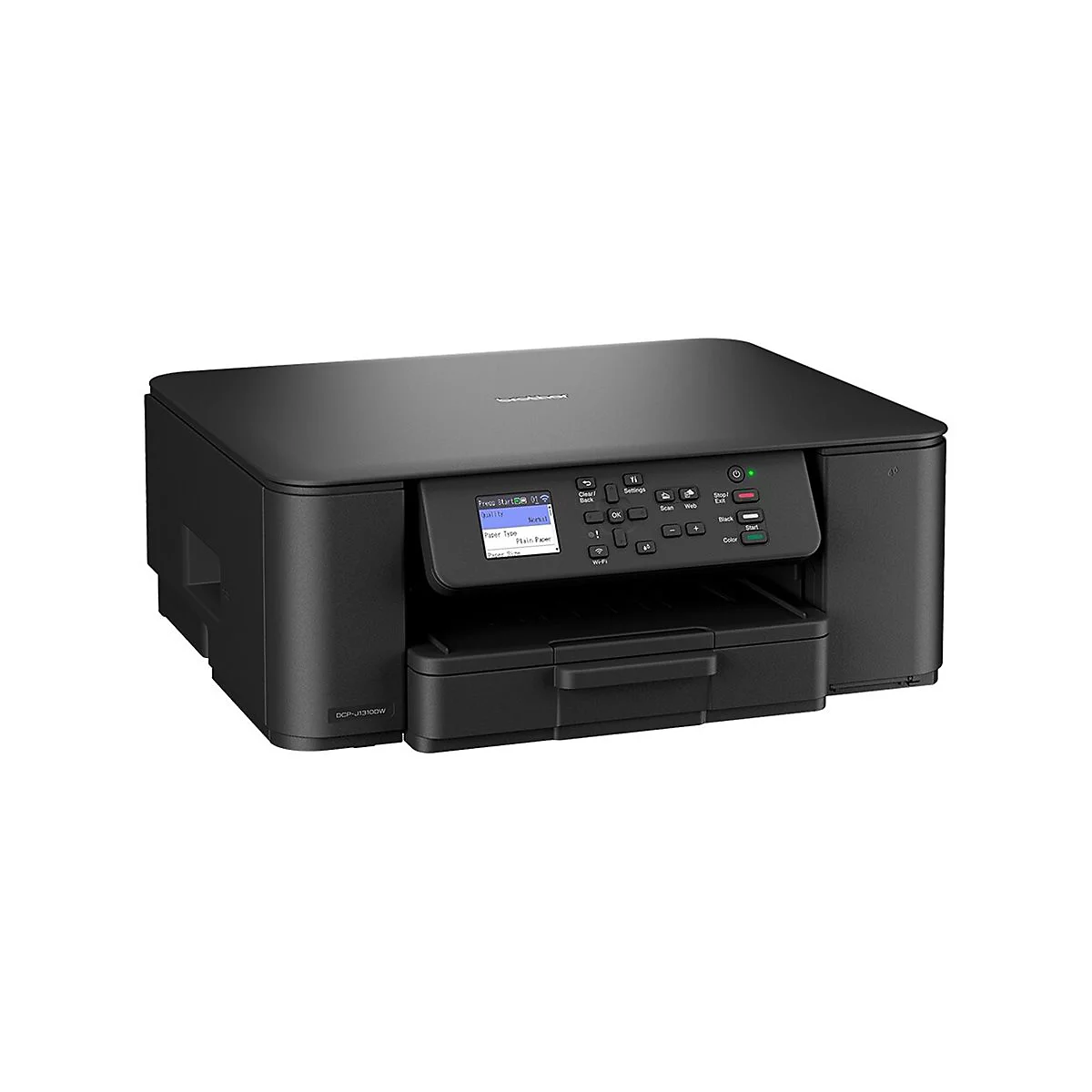 Schwarzer Drucker. Auf dem Display sind die Einstellungen sichtbar. Bedienfeld mit Tasten, Start- und Stopp-Tasten.