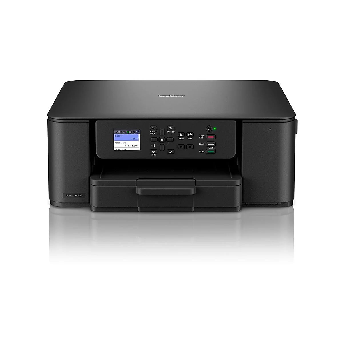 Schwarzer Drucker, Vorderansicht. Auf dem Display werden Einstellungen angezeigt, darunter Papierart. Es gibt Knöpfe für Scannen, Web, Start und Farbe.