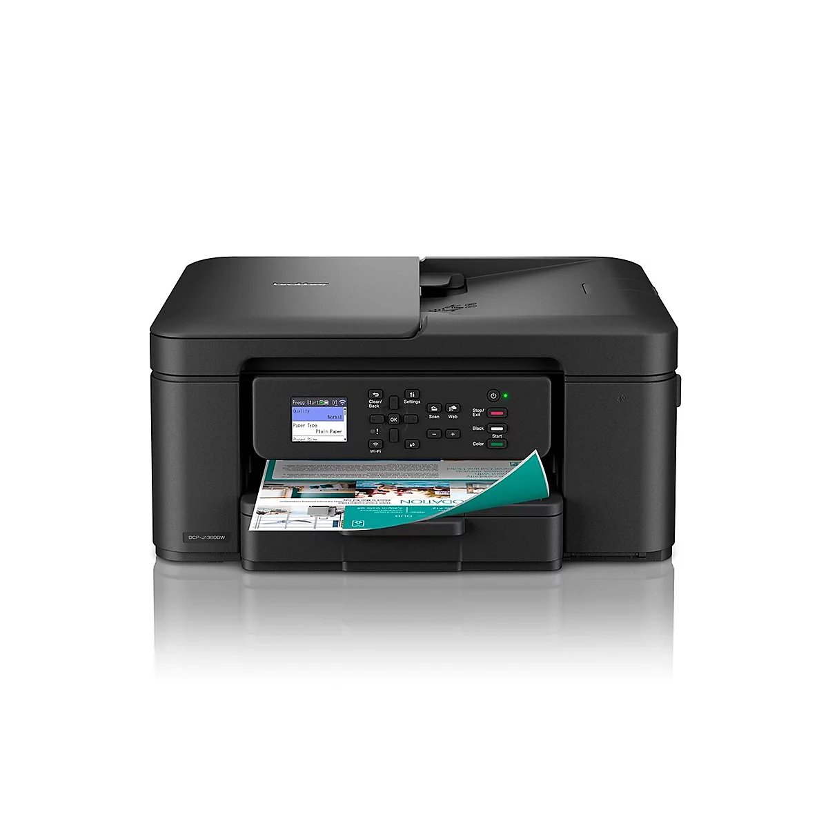 Schwarzer Brother Multifunktionsdrucker vor neutralem Hintergrund mit bedrucktem Blatt Papier im Ausgabefach.