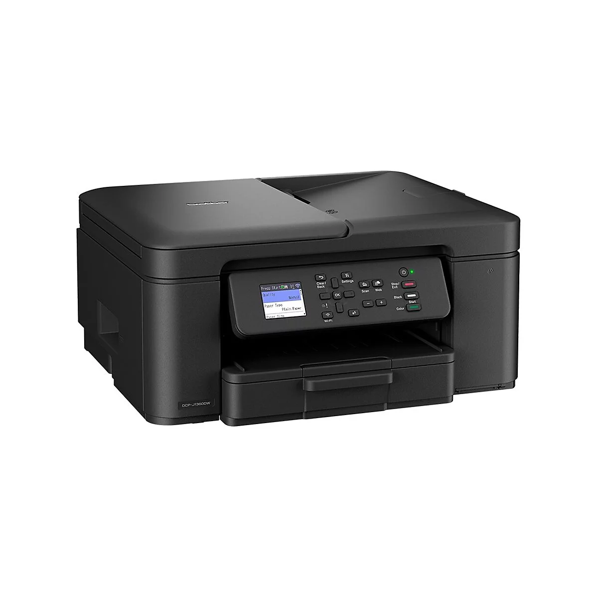 Schwarzer Drucker mit Touchscreen und Tasten. Darunter eine Papierkassette. Auf dem Display Menüoptionen.
