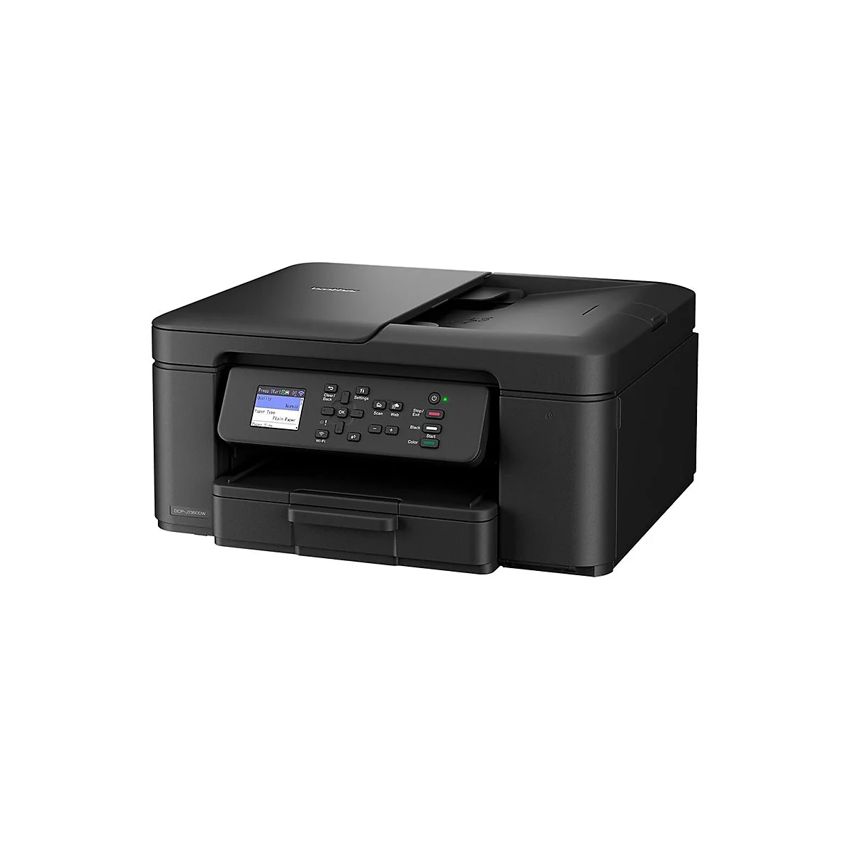 Schwarzer Brother Multifunktionsdrucker vor weißem Hintergrund mit LCD-Display und Bedientasten.
