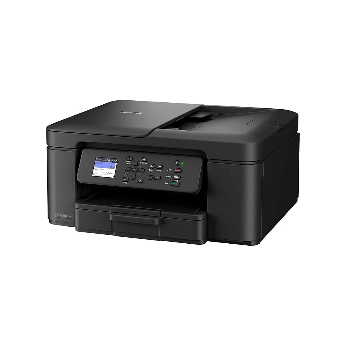 Schwarzer Drucker mit Bedienfeld und Display. Auf dem Display sind Einstellungen wie Papierart zu sehen.