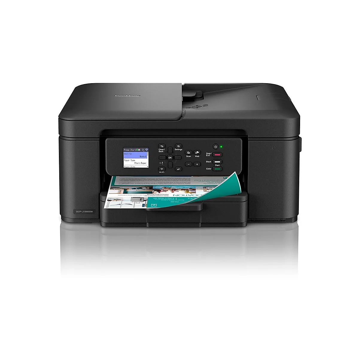 Schwarzer Drucker mit ausgedrucktem Dokument. Auf dem Display steht "Quality: Normal" und "Paper Type: Plain Paper".