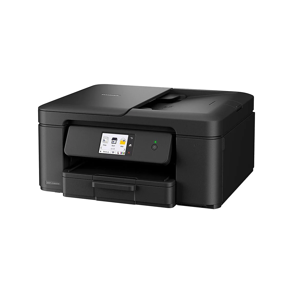 Schwarzer Drucker mit Touchscreen. Rechts Bedienknopf mit grünem Licht. Unten Papierfach. Aufdruck "DCP-J4600W".