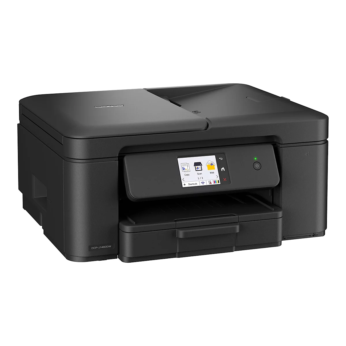 Schwarzer Multifunktionsdrucker mit Touchscreen. Auf dem Bildschirm werden Optionen wie Kopieren, Scannen und Web angezeigt.