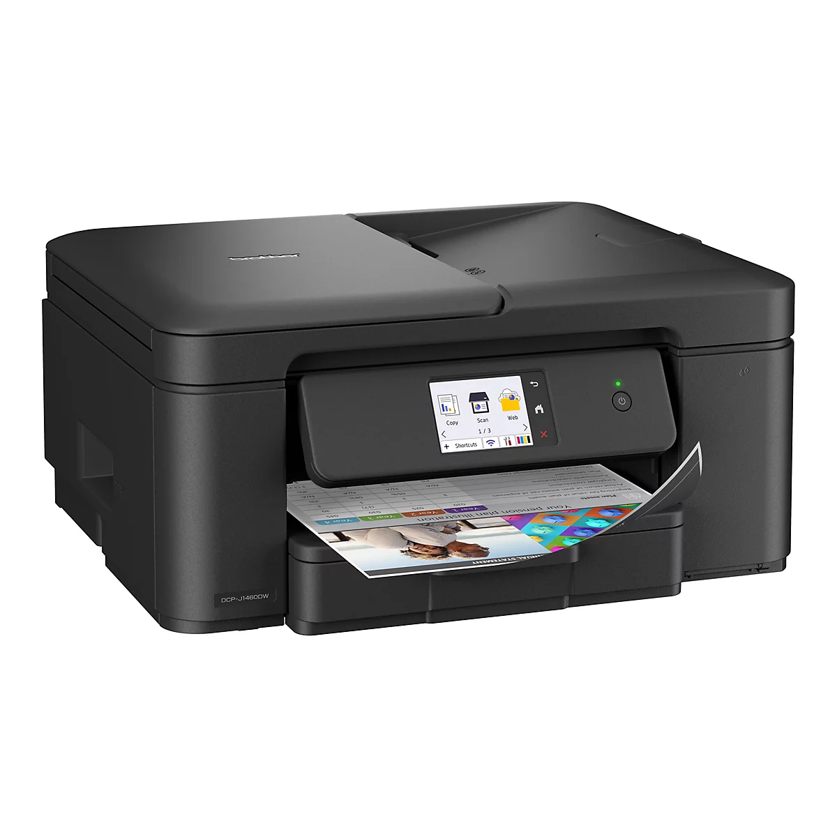 Schwarzer Drucker, der ein farbiges Dokument ausgibt. Auf dem Display ist die Option 'Scannen' ausgewählt.