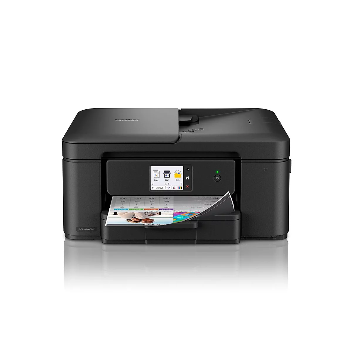 Schwarzer Brother DCP-J1460DW Multifunktionsdrucker druckt ein Dokument aus.