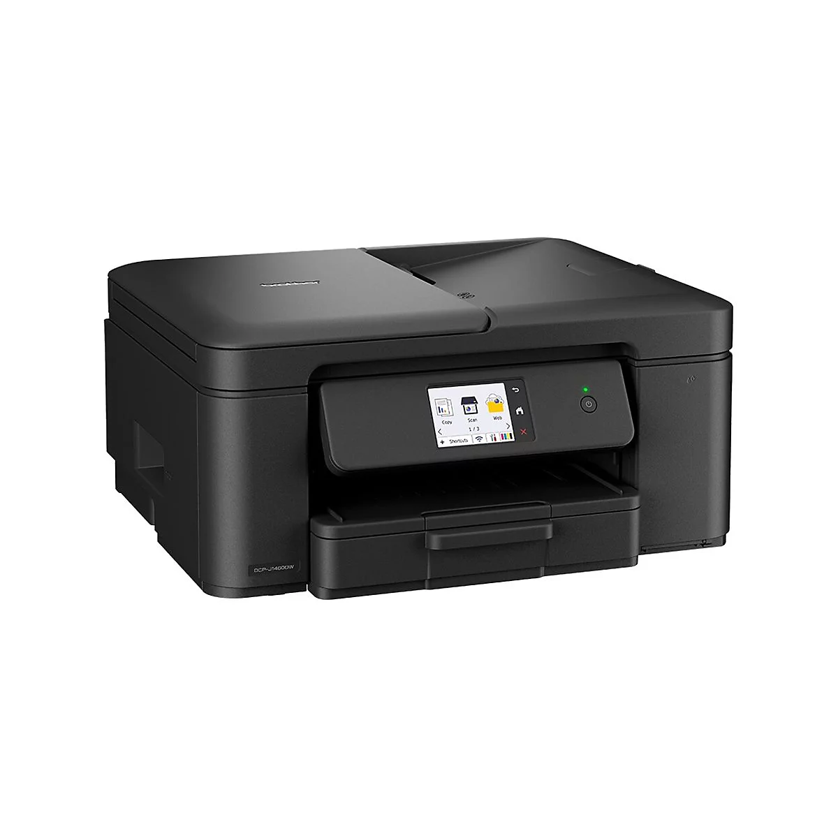 Schwarzer Drucker mit Touchscreen, Papierausgabe und Bedienfeld. Das Modell ist DCP-J4600W.