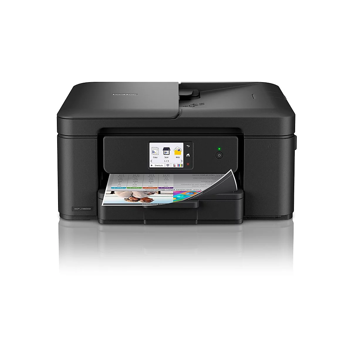 Schwarzer Drucker, bedrucktes Papier wird ausgegeben, Display zeigt Funktionen. Rechts Power Knopf mit grünem Licht.