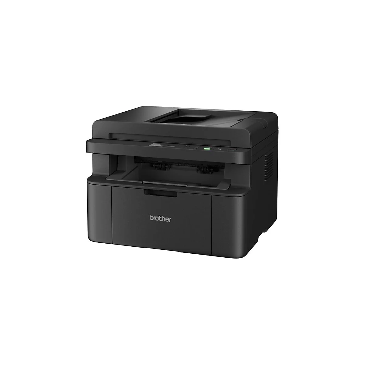 Schwarzer Brother Laserdrucker auf weißem Hintergrund.