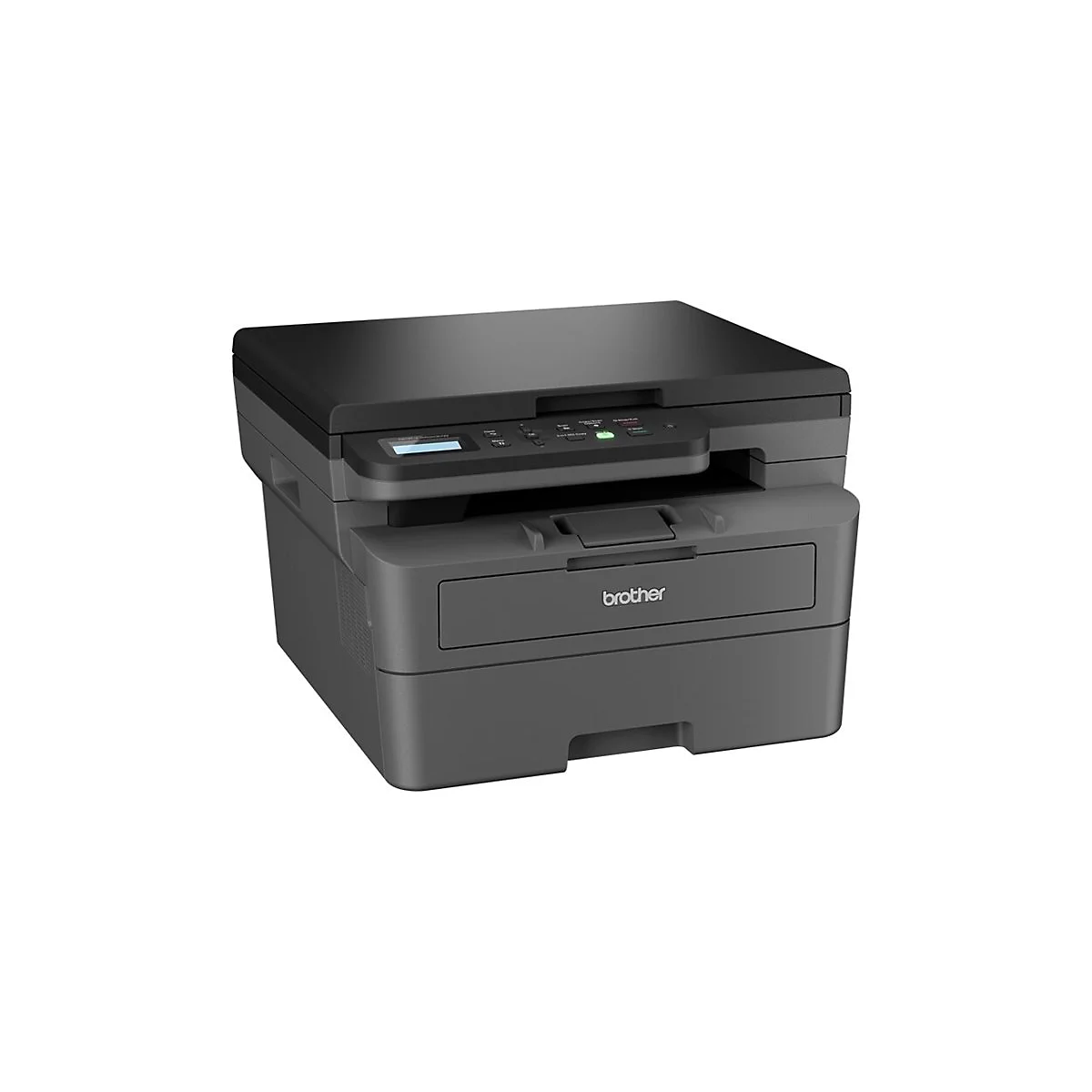 Ein schwarzer Drucker von Brother. Auf der Oberseite befinden sich Bedienelemente und ein kleines Display. Die Papierschublade befindet sich im unteren Bereich.