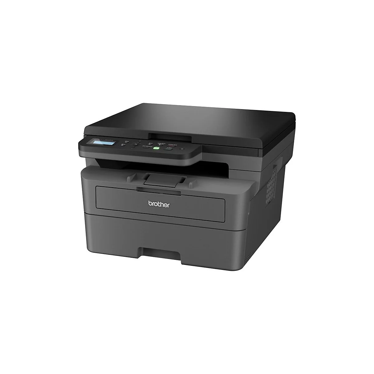 Ein grauer Brother-Laserdrucker, Detailansicht. Oben ein Bedienfeld, darunter eine Papierschublade mit Brother-Logo.