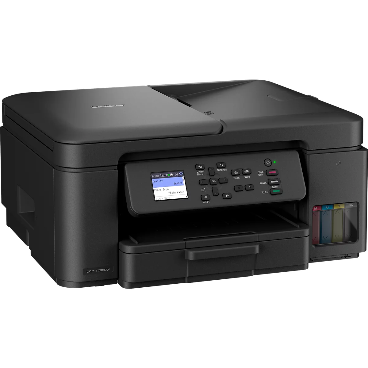 Schwarzer Multifunktionsdrucker mit Farbtanks. Auf dem Display sind Menüoptionen zu sehen.