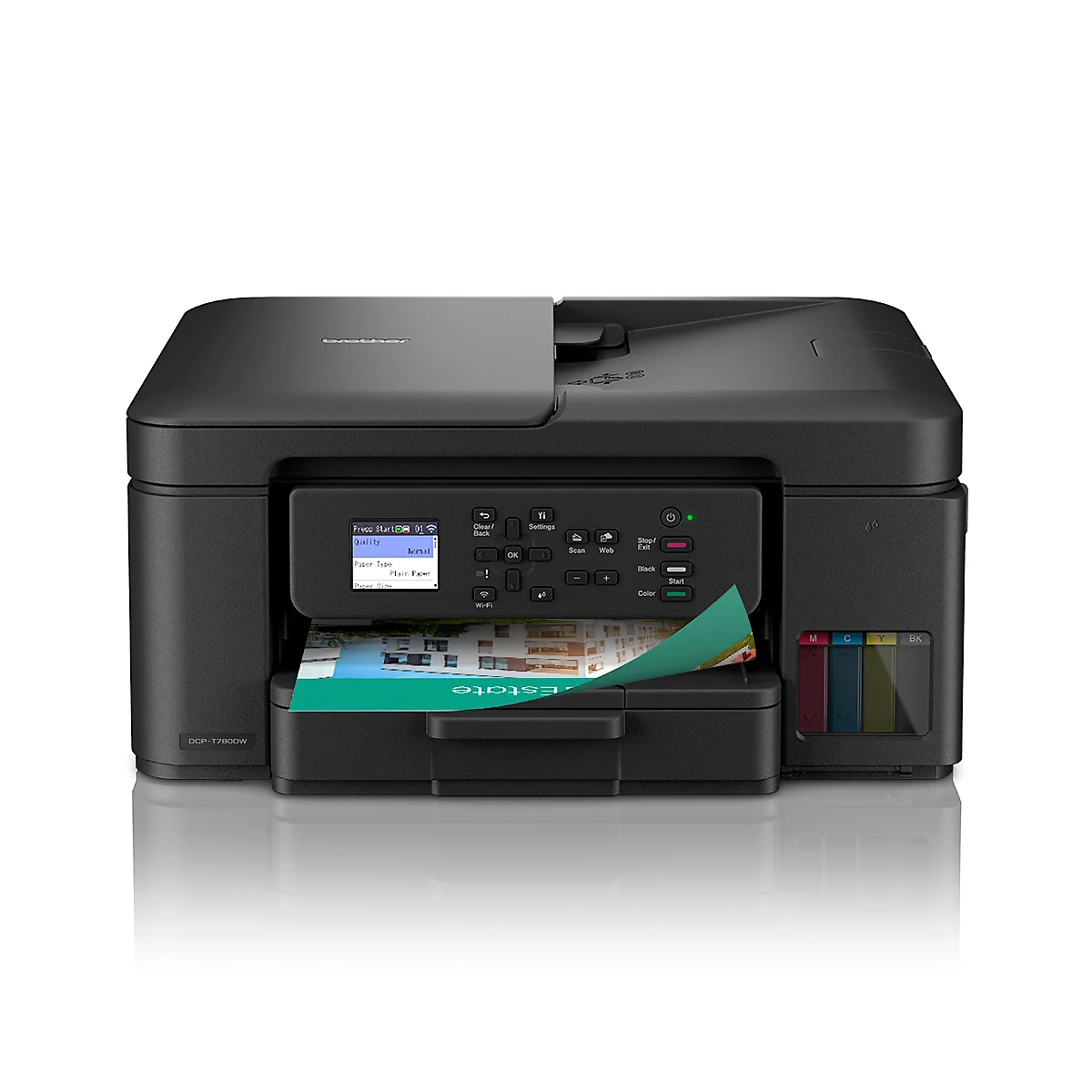 Schwarzer Tintenstrahldrucker mit farbigem Display und Papierausdruck.