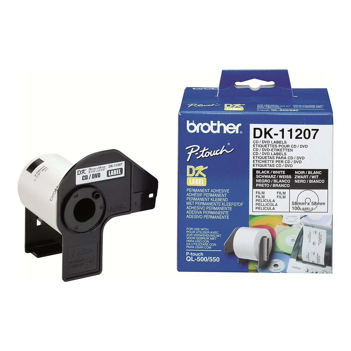 Brother DK-11207 - Schwarz auf Weiß - 100 CD/DVD-Etiketten - für Brother QL-1050, 1060, 1110, 500, 550, 560, 570, 580, 600, 650, 700, 710, 720, 820
