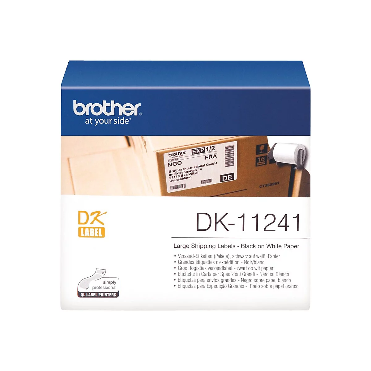 Eine Brother-Etikettenbox mit der Aufschrift DK-11241. Auf weißem Grund sind schwarze Versandetiketten abgebildet. Auf der Box ist ein Ausschnitt von einem Paket mit Label zu sehen.