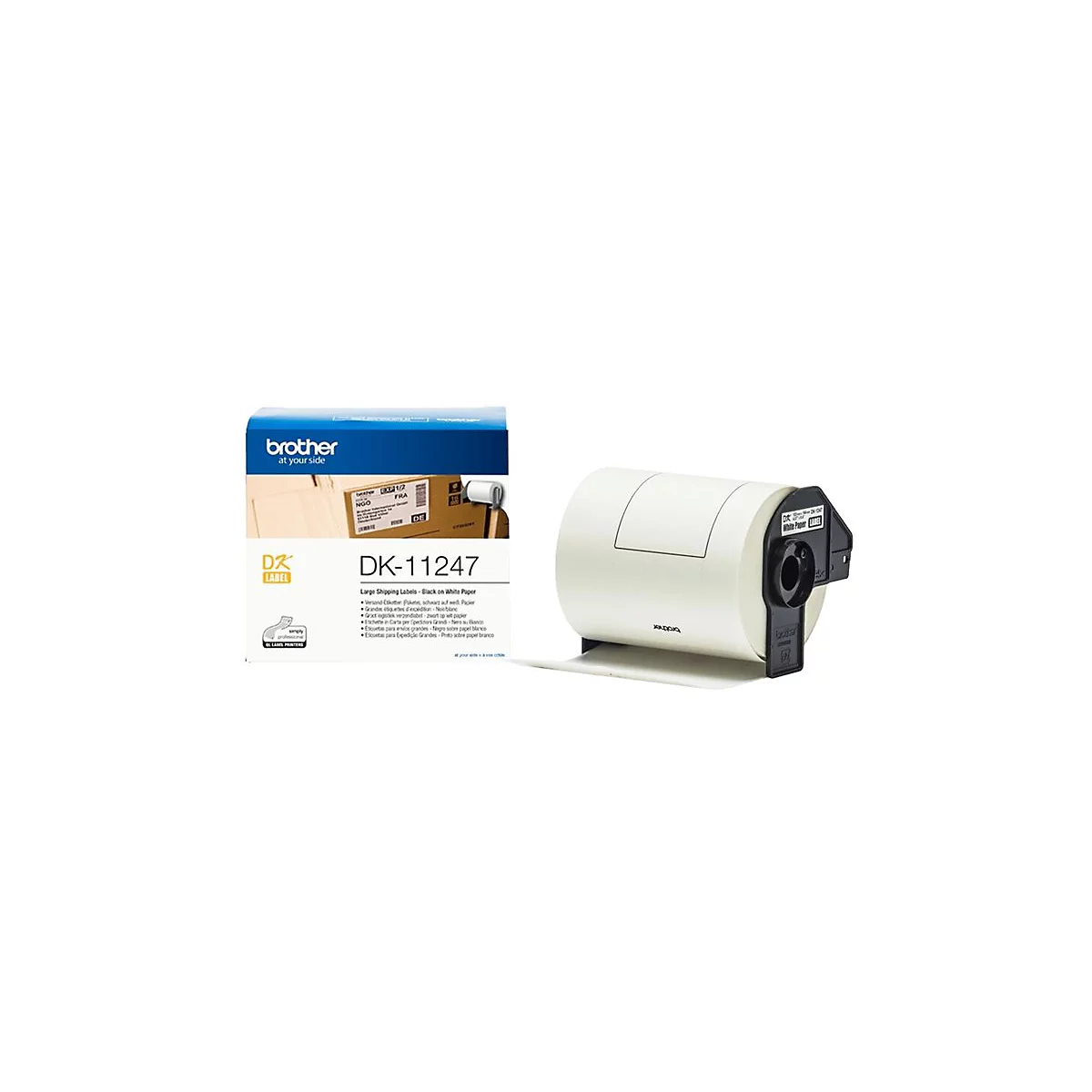 Etikettenrolle und Karton von Brother, DK-11247. Aufdruck: "Large Shipping Labels - Black on White Paper".