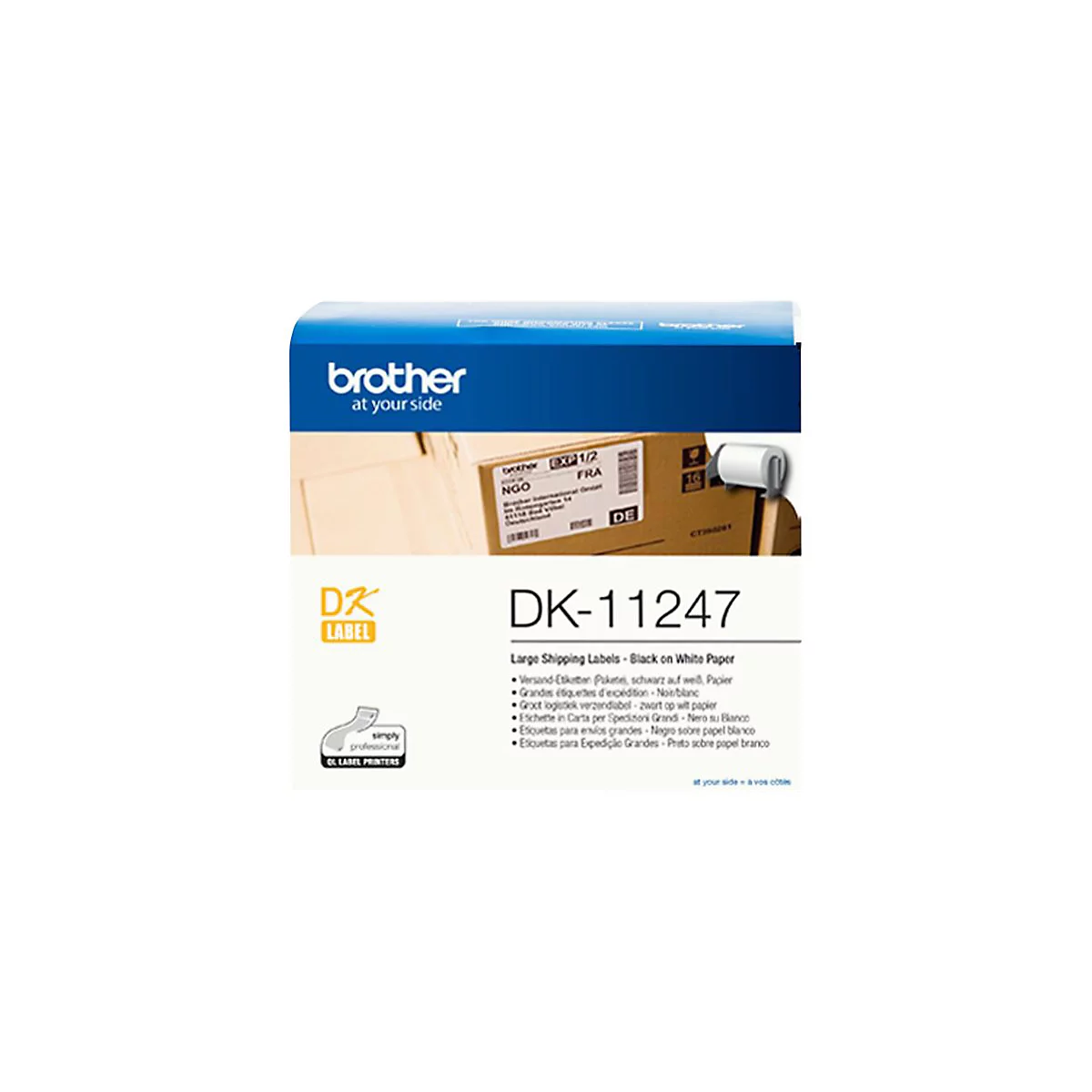 Produktverpackung mit der Aufschrift "Brother" und "DK-11247 Large Shipping Labels". Schwarzer Text auf weißem Grund. Aufdrucke in verschiedenen Sprachen.