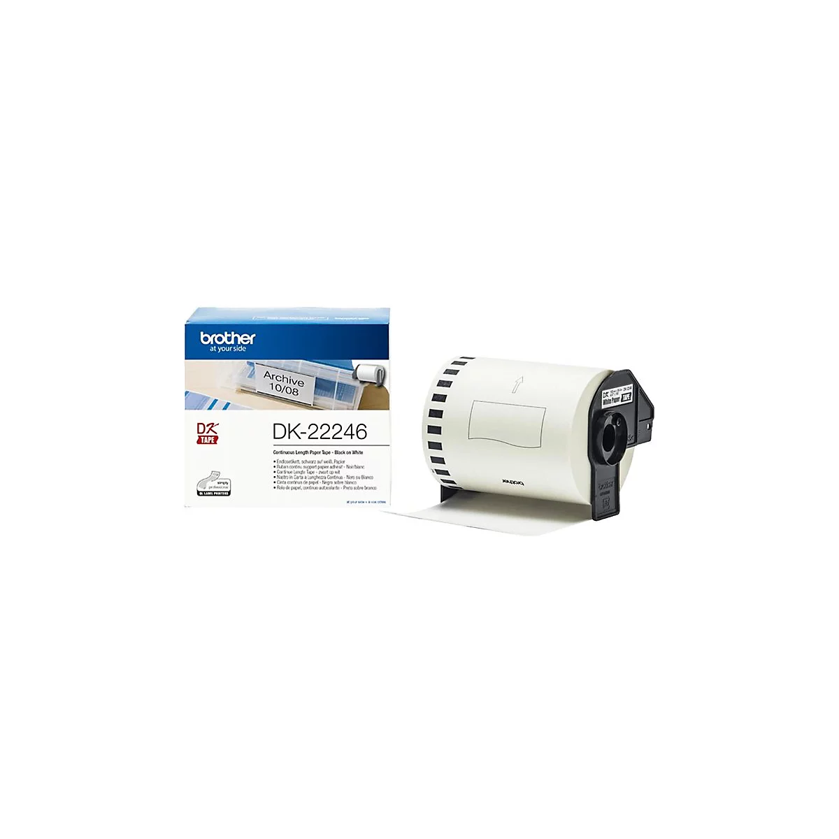 Etikettendrucker-Etikettenrolle und Verpackung von Brother mit Text wie "DK-22246".