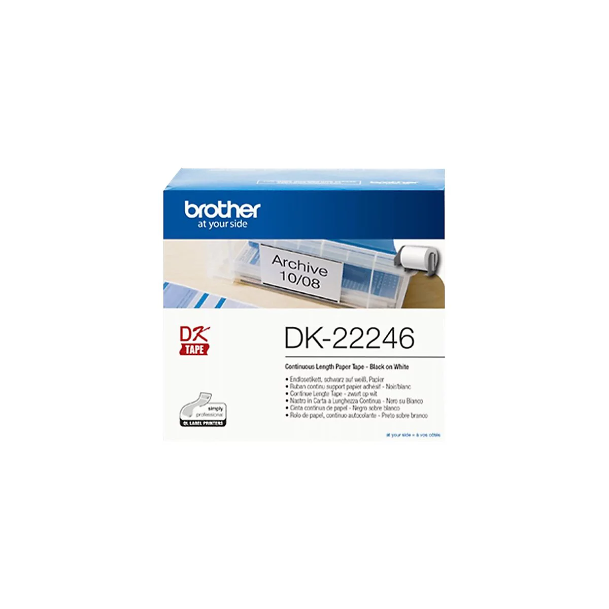 Produktverpackung mit der Aufschrift "Brother" und "DK-22246"-Etikett. Ein weißes Klebeband ist sichtbar.