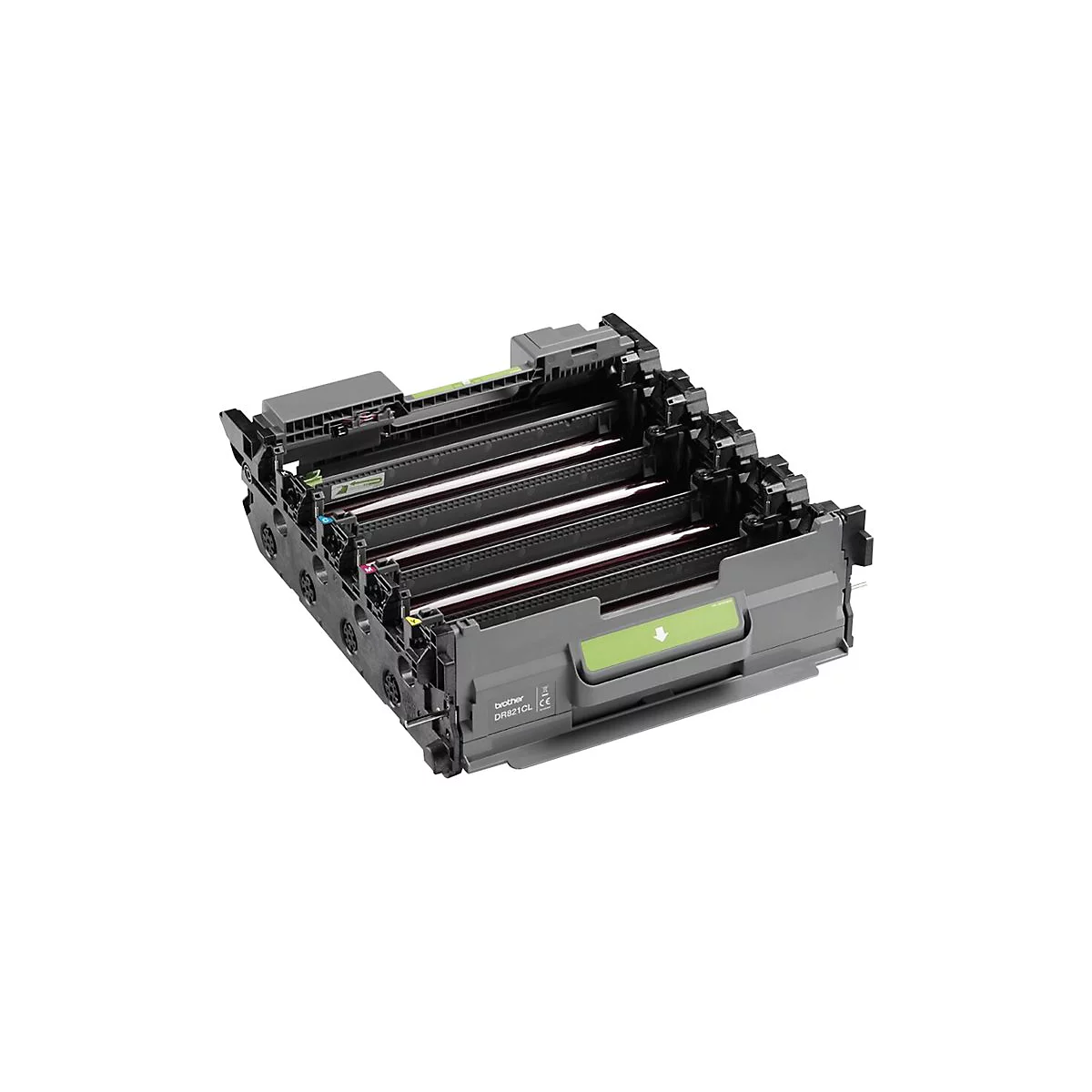 Mehrfarbige Brother DR821CL-Trommeleinheit. Graues Gehäuse, farbige Markierungen. Pfeil auf grünem Feld.