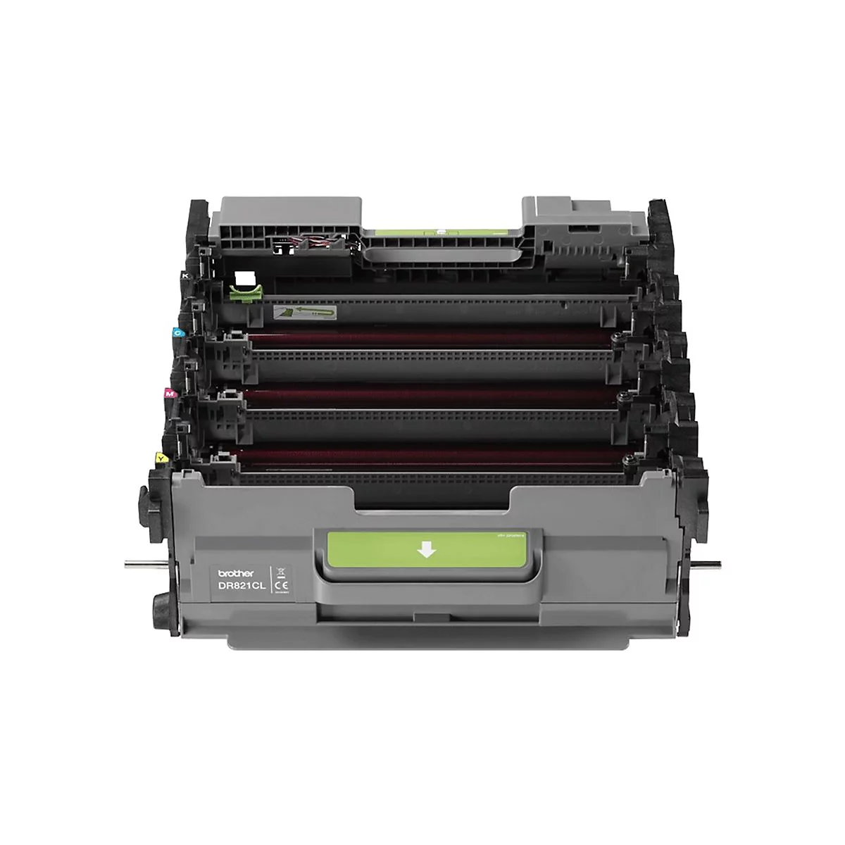 Ein offenes Brother DR821CL-Trommelsatz, mit roten Walzen, gelben, magenta, cyan und schwarzen Markierungen.