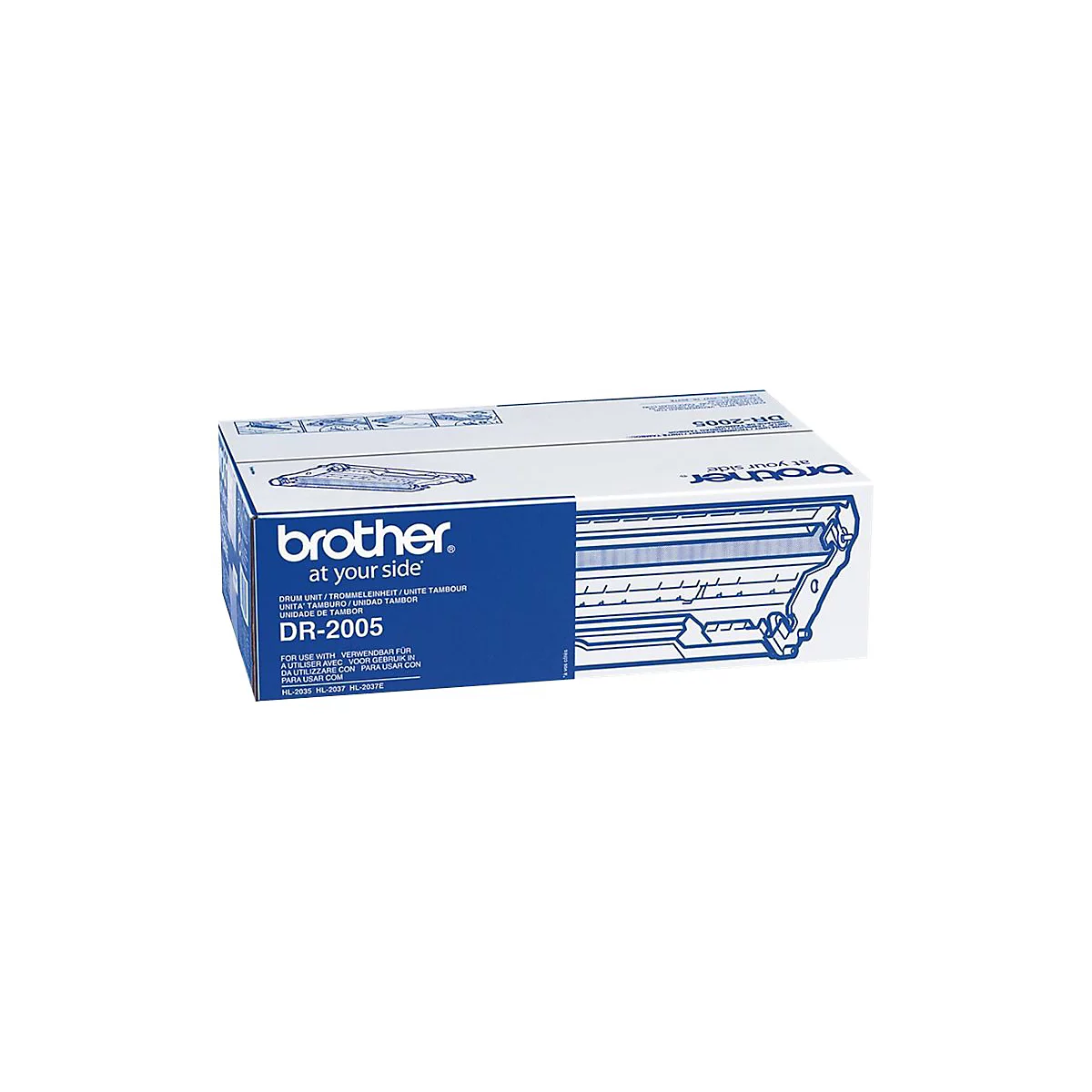 Eine weiße Schachtel mit blauem Deckel, Aufschrift "brother at your side" und Produktbezeichnung DR-2005.