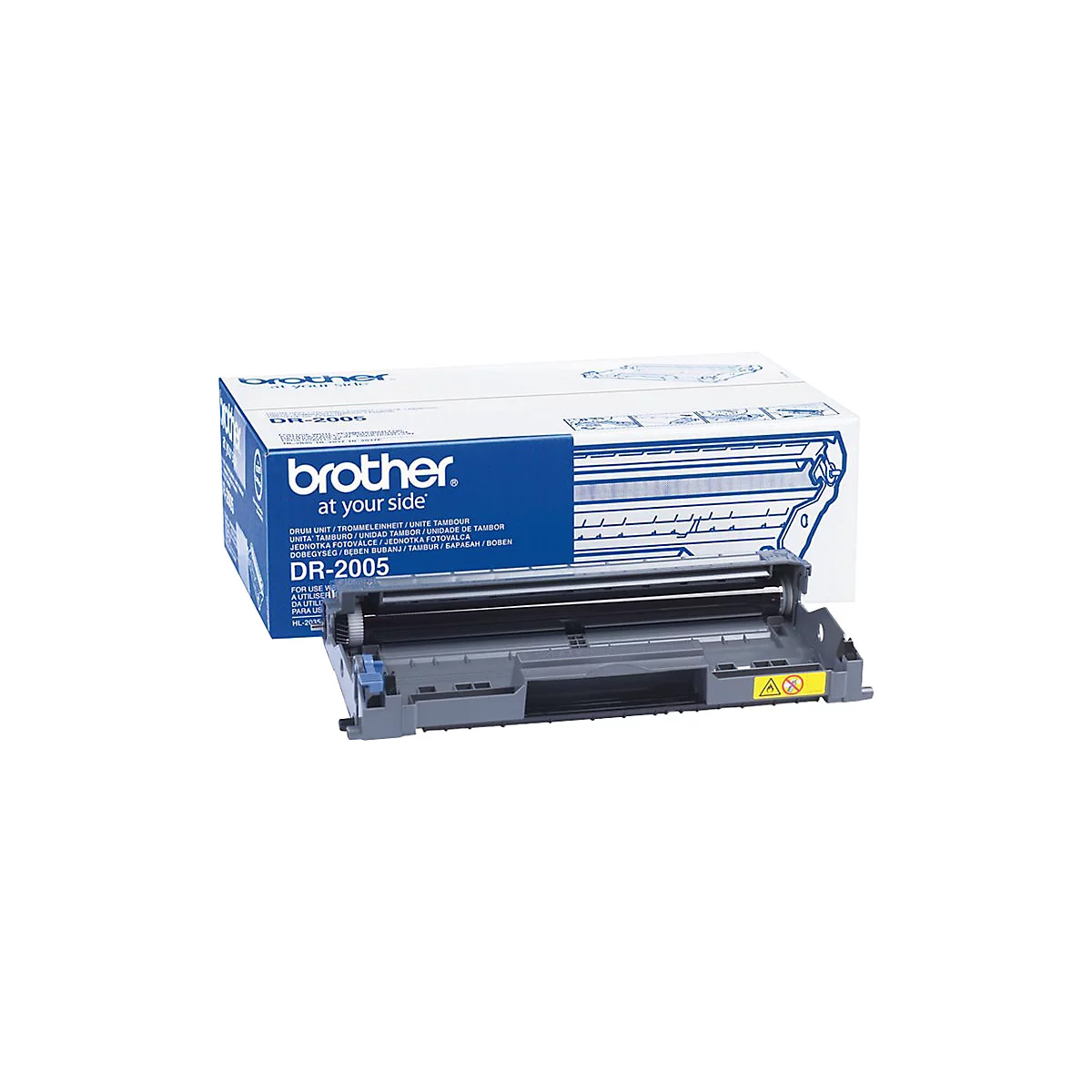 Ein grauer Brother DR-2005 Trommeleinheit neben einer blauen und weißen Verpackung mit dem Markennamen Brother. Der Schriftzug DR-2005 ist deutlich sichtbar.