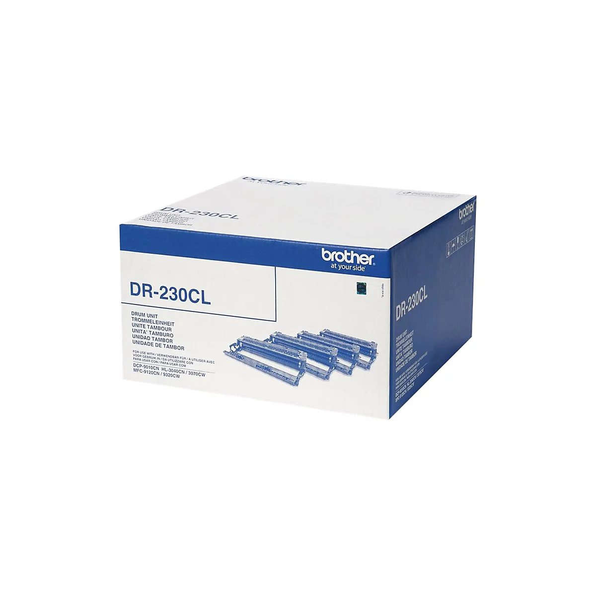 Eine rechteckige Brother-Trommeleinheit-Verpackung mit dem Aufdruck DR-230CL, enthaltend mehrere Trommeleinheiten.