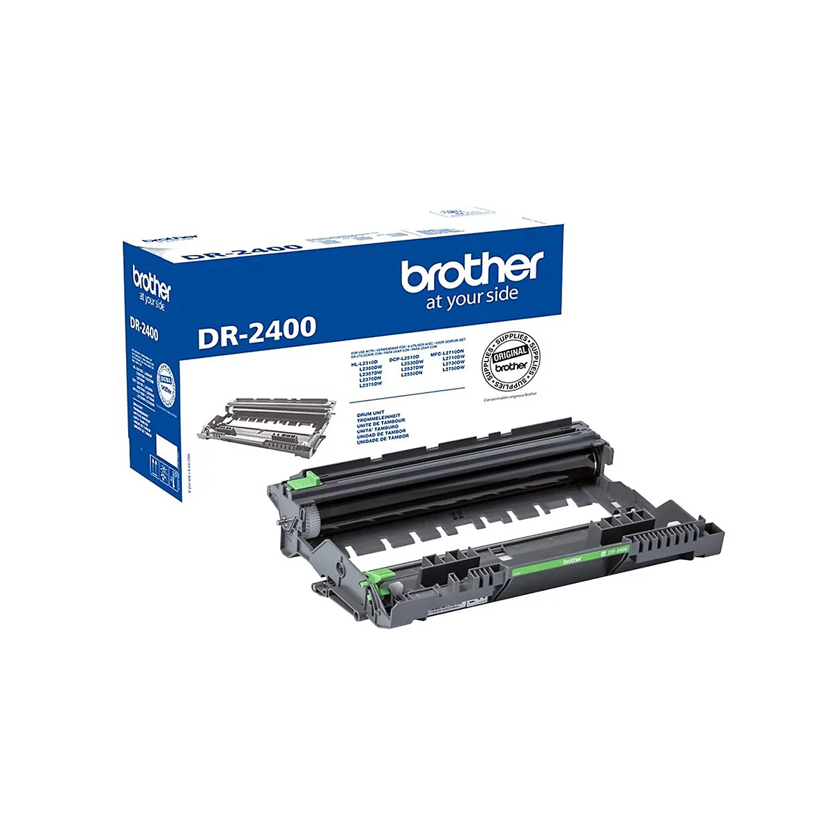 Graue Trommeleinheit mit grünen Akzenten und Brother-Box mit Produktbezeichnung DR-2400.