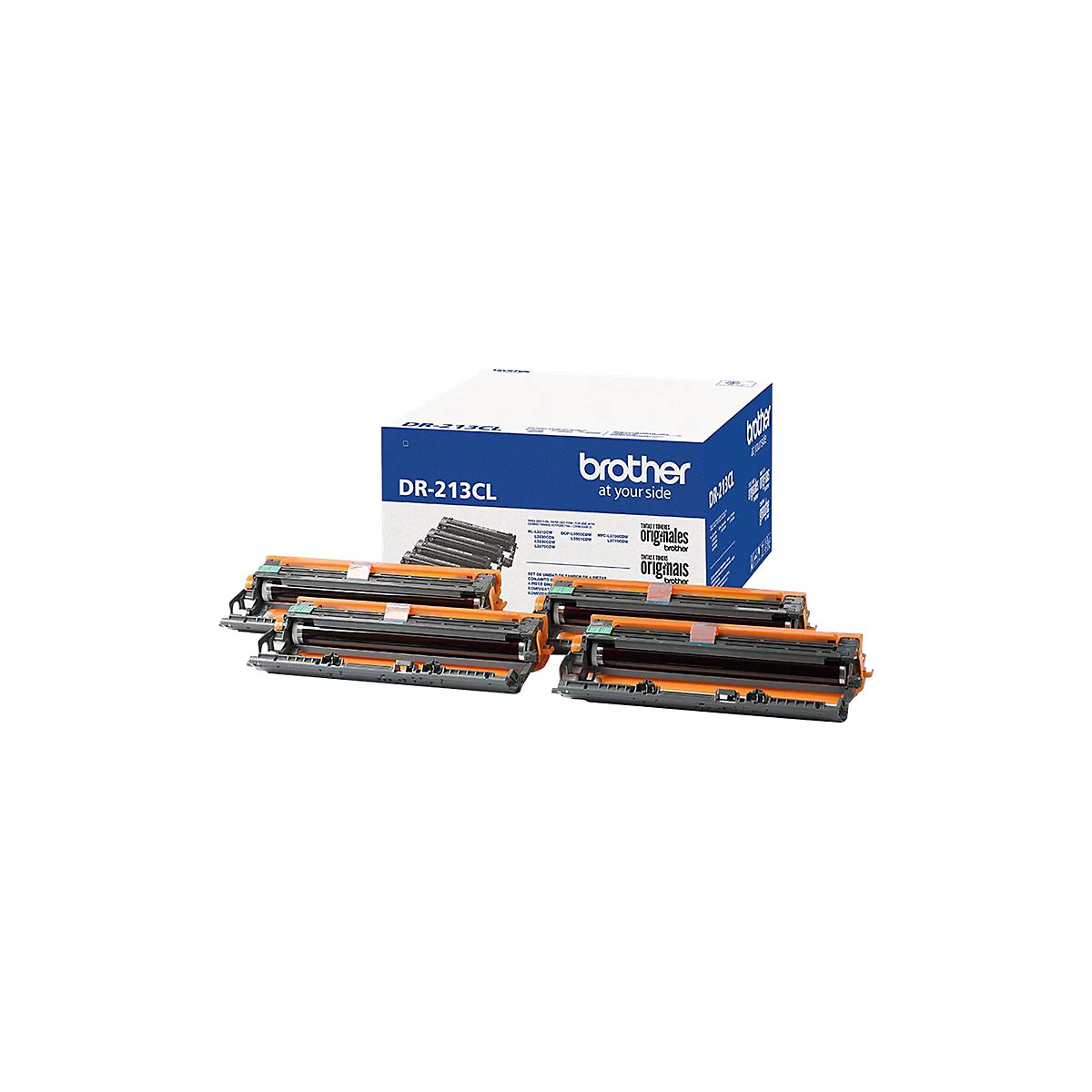 Ein Set von Brother DR-213CL Tonerkartuschen, verpackt in einer blau-weißen Box, neben einzelnen Patronen auf weißem Hintergrund.