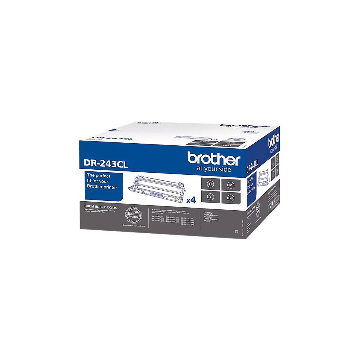 Eine Brother Druckerpatronenbox, DR-243CL, zeigt das Produkt im Detail. Aufgedruckter Text: Brother, at your side.